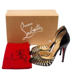 Pre Owned Christian Louboutin Black/Gold Leather and Metal Corpus Peep-Toe Pumps Size 37