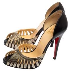 Pre Owned Christian Louboutin Black/Gold Leather and Metal Corpus Peep-Toe Pumps Size 37