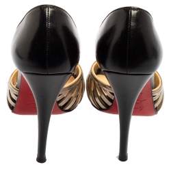 Pre Owned Christian Louboutin Black/Gold Leather and Metal Corpus Peep-Toe Pumps Size 37