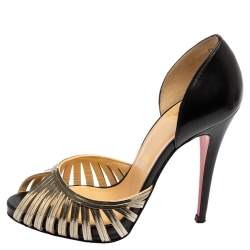 Pre Owned Christian Louboutin Black/Gold Leather and Metal Corpus Peep-Toe Pumps Size 37