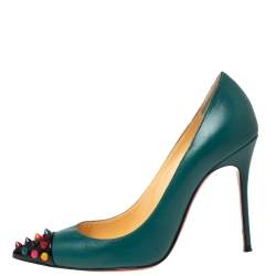 مملوكة مسبقًا Christian Louboutin Green Leather Geo Spike Cap-Toe Pumps Size 36
