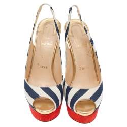 Christian Louboutin Multicolor Leather And Suede Fabric Lady Peep Slingback Pumps Size 35.5