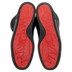 Pre Owned Christian Louboutin Black Leather Surlapony Spiked Mid-Calf Boots Size 45