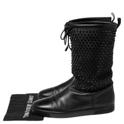 Pre Owned Christian Louboutin Black Leather Surlapony Spiked Mid-Calf Boots Size 45
