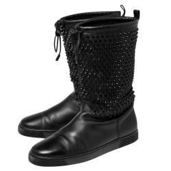 Pre Owned Christian Louboutin Black Leather Surlapony Spiked Mid-Calf Boots Size 45