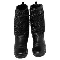 Pre Owned Christian Louboutin Black Leather Surlapony Spiked Mid-Calf Boots Size 45