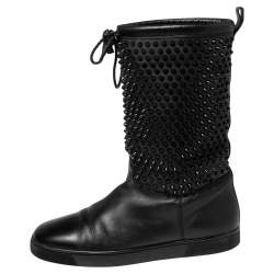 Pre Owned Christian Louboutin Black Leather Surlapony Spiked Mid-Calf Boots Size 45