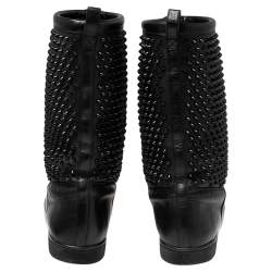 Pre Owned Christian Louboutin Black Leather Surlapony Spiked Mid-Calf Boots Size 45