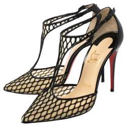 Christian Louboutin Black Lace And Mesh Salonu Pointed Toe T Strap Sandals Size 37.5