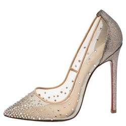 Pre Owned Christian Louboutin Beige Crystal Embellished Mesh Follies Strass Glitter Heel Pointed-Toe Pumps Size 38