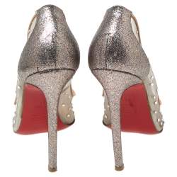Pre Owned Christian Louboutin Beige Crystal Embellished Mesh Follies Strass Glitter Heel Pointed-Toe Pumps Size 38
