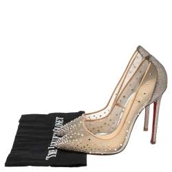 Pre Owned Christian Louboutin Beige Crystal Embellished Mesh Follies Strass Glitter Heel Pointed-Toe Pumps Size 38