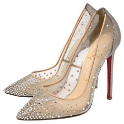 Pre Owned Christian Louboutin Beige Crystal Embellished Mesh Follies Strass Glitter Heel Pointed-Toe Pumps Size 38