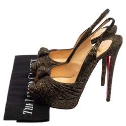 Pre Owned Christian Louboutin Black/Gold Glitter Fabric Jenny Knotted Slingback Platform Sandals Size 39