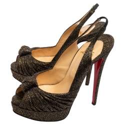Pre Owned Christian Louboutin Black/Gold Glitter Fabric Jenny Knotted Slingback Platform Sandals Size 39