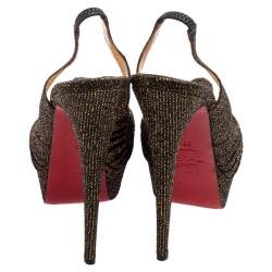 Pre Owned Christian Louboutin Black/Gold Glitter Fabric Jenny Knotted Slingback Platform Sandals Size 39