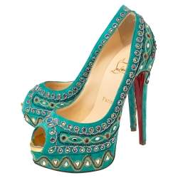 Christian Louboutin Turquoise Suede Crystal Embellished Peep Toe Platform Pumps Size 37.5