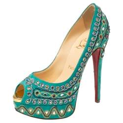 Christian Louboutin Turquoise Suede Crystal Embellished Peep Toe Platform Pumps Size 37.5