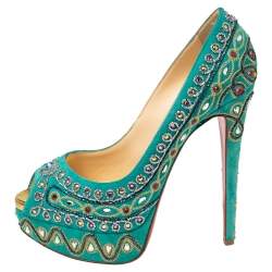 Christian Louboutin Turquoise Suede Crystal Embellished Peep Toe Platform Pumps Size 37.5