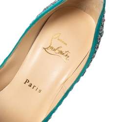 Christian Louboutin Turquoise Suede Crystal Embellished Peep Toe Platform Pumps Size 37.5