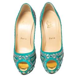 Christian Louboutin Turquoise Suede Crystal Embellished Peep Toe Platform Pumps Size 37.5