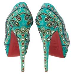 Christian Louboutin Turquoise Suede Crystal Embellished Peep Toe Platform Pumps Size 37.5