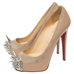 Pre Owned Christian Louboutin Beige Patent Leather and Suede Asteroid Spike Toe Pumps Size 37