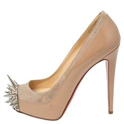 Pre Owned Christian Louboutin Beige Patent Leather and Suede Asteroid Spike Toe Pumps Size 37