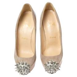 Pre Owned Christian Louboutin Beige Patent Leather and Suede Asteroid Spike Toe Pumps Size 37