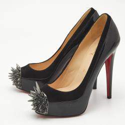 Pre Owned Christian Louboutin Black Patent Leather and Suede Asteroid Spikes Pumps Size 37