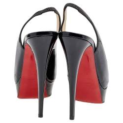 Pre Owned Christian Louboutin Black Patent Leather Lady Peep Toe Platform Sandals Size 38.5