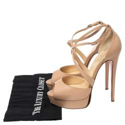 Pre Owned Christian Louboutin Beige Leather Cross Me Crisscross Platform Sandals Size 37.5