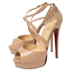 Pre Owned Christian Louboutin Beige Leather Cross Me Crisscross Platform Sandals Size 37.5