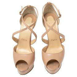 Pre Owned Christian Louboutin Beige Leather Cross Me Crisscross Platform Sandals Size 37.5