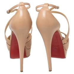 Pre Owned Christian Louboutin Beige Leather Cross Me Crisscross Platform Sandals Size 37.5
