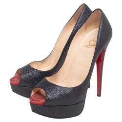 Pre Owned Christian Louboutin Black Shimmer Fabric New Very Prive Peep-Toe Platform Pumps Size 37.5