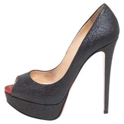 Pre Owned Christian Louboutin Black Shimmer Fabric New Very Prive Peep-Toe Platform Pumps Size 37.5