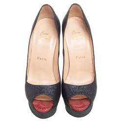 Pre Owned Christian Louboutin Black Shimmer Fabric New Very Prive Peep-Toe Platform Pumps Size 37.5