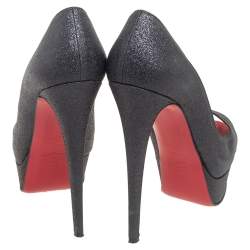 Pre Owned Christian Louboutin Black Shimmer Fabric New Very Prive Peep-Toe Platform Pumps Size 37.5