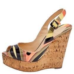 Christian Louboutin Multicolor Patent Leather Une Plume Cork Wedge Slingback Sandals Size 38