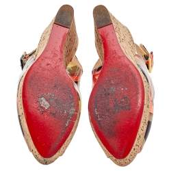 Christian Louboutin Multicolor Patent Leather Une Plume Cork Wedge Slingback Sandals Size 38