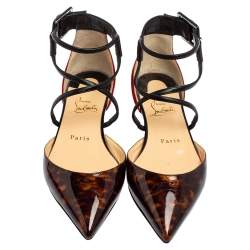 Pre Owned Christian Louboutin Multicolor Tortoise Patent Leather and Suede Ankle-Strap Flat Sandals Size 36