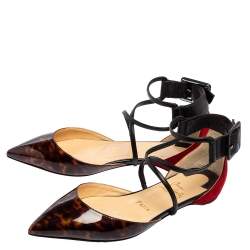 Pre Owned Christian Louboutin Multicolor Tortoise Patent Leather and Suede Ankle-Strap Flat Sandals Size 36