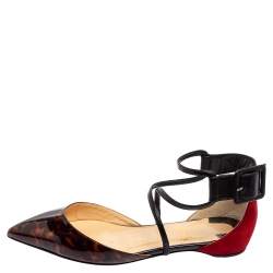Pre Owned Christian Louboutin Multicolor Tortoise Patent Leather and Suede Ankle-Strap Flat Sandals Size 36