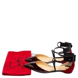 Pre Owned Christian Louboutin Multicolor Tortoise Patent Leather and Suede Ankle-Strap Flat Sandals Size 36