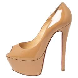 Pre Owned Christian Louboutin Beige Patent Leather Jamie Platform Pumps Size 38.5