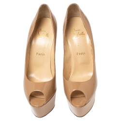 Pre Owned Christian Louboutin Beige Patent Leather Jamie Platform Pumps Size 38.5