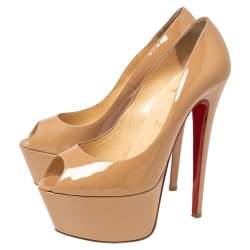 Pre Owned Christian Louboutin Beige Patent Leather Jamie Platform Pumps Size 38.5