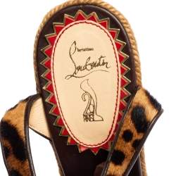 مملوكة مسبقًا صندل كعب روكي كريستيان لوبوتان إسبادريل إيزابيل حافة جلد وقشما وشعر عجل طباعة فهد بني مقاس 38