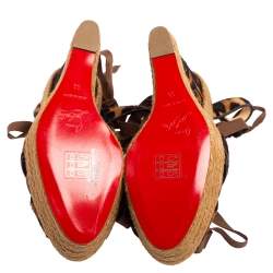 مملوكة مسبقًا صندل كعب روكي كريستيان لوبوتان إسبادريل إيزابيل حافة جلد وقشما وشعر عجل طباعة فهد بني مقاس 38